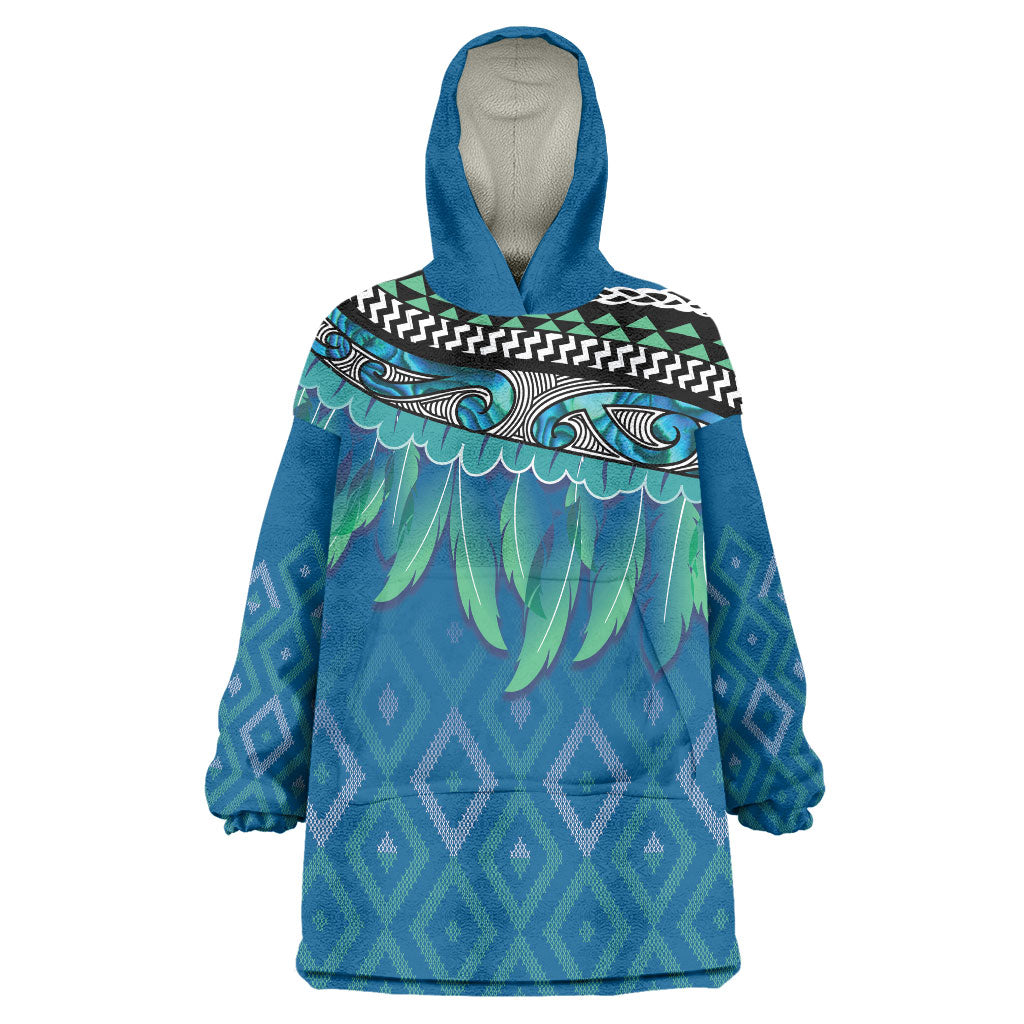 Aotearoa Maori Ngati Kahungunu Iwi Paua Blue Wearable Blanket Hoodie Korowai Tukutuku Kaokao Motifs LT7 One Size Green Blue - Polynesian Pride