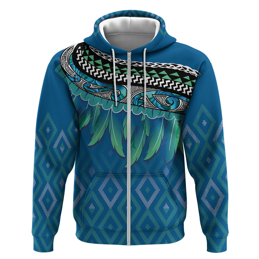 Aotearoa Maori Ngati Kahungunu Iwi Paua Blue Zip Hoodie Korowai Tukutuku Kaokao Motifs LT7 Zip Hoodie Green Blue - Polynesian Pride