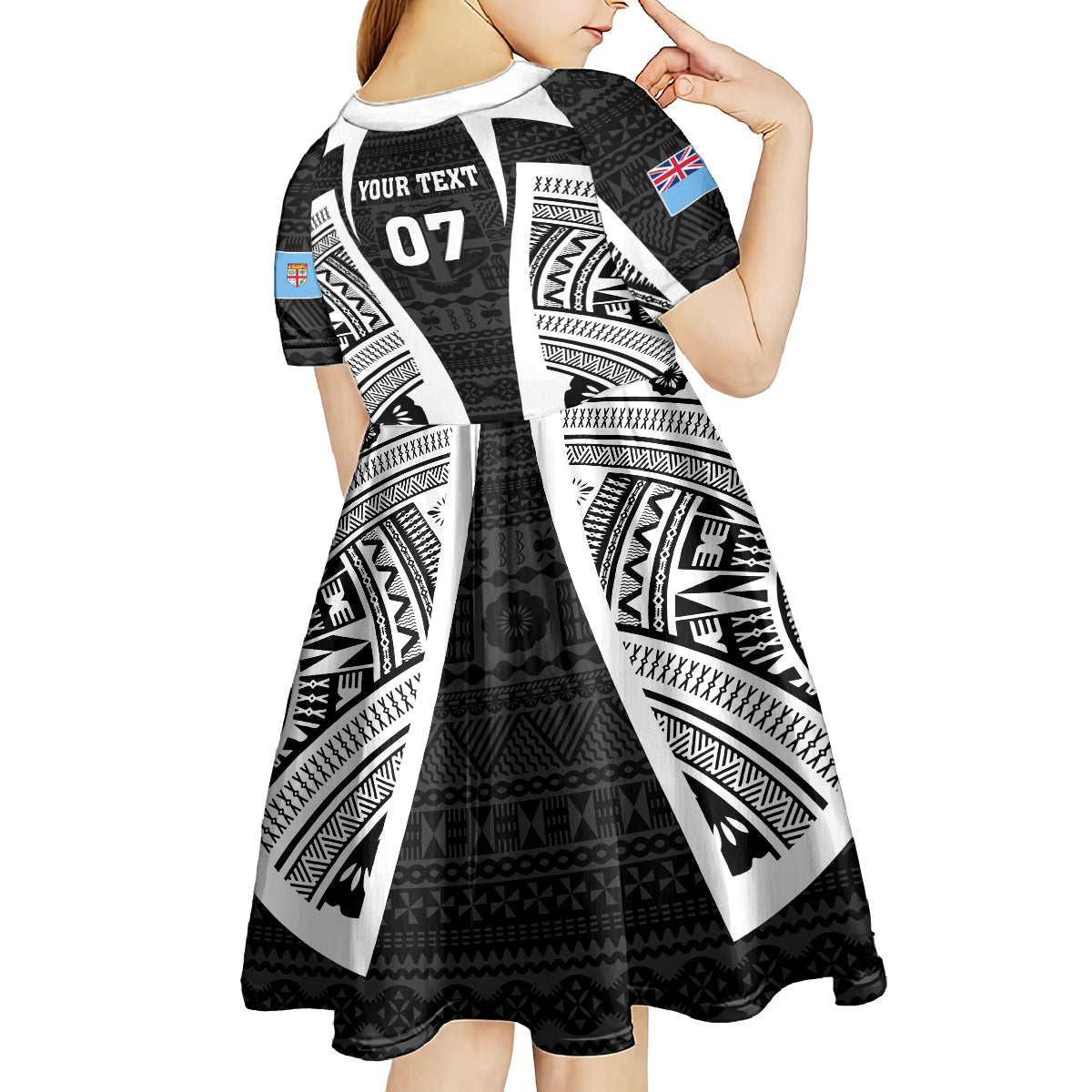 personalised-fiji-rugby-kid-short-sleeve-dress-2023-world-cup-history-makers-black-ver
