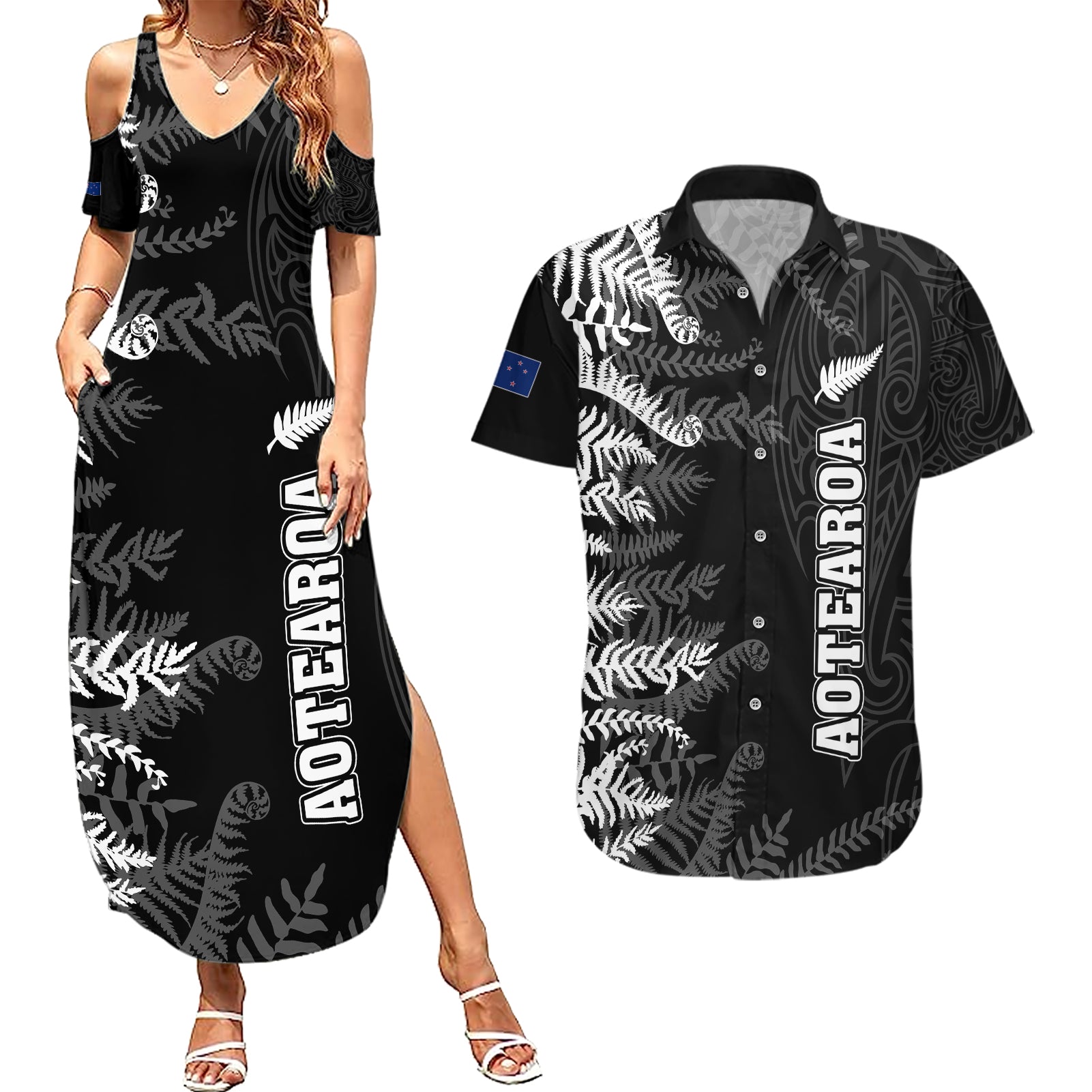 personalised-new-zealand-rugby-couples-matching-summer-maxi-dress-and-hawaiian-shirt-silver-fern-basic-2023-world-cup