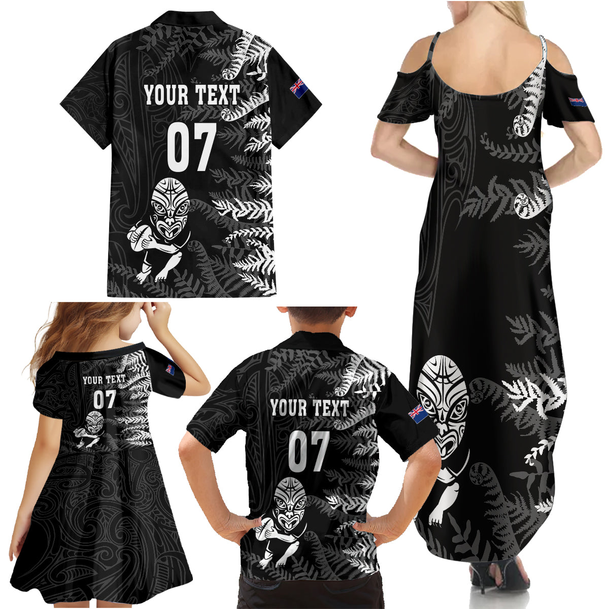 personalised-new-zealand-rugby-family-matching-summer-maxi-dress-and-hawaiian-shirt-silver-fern-basic-2023-world-cup