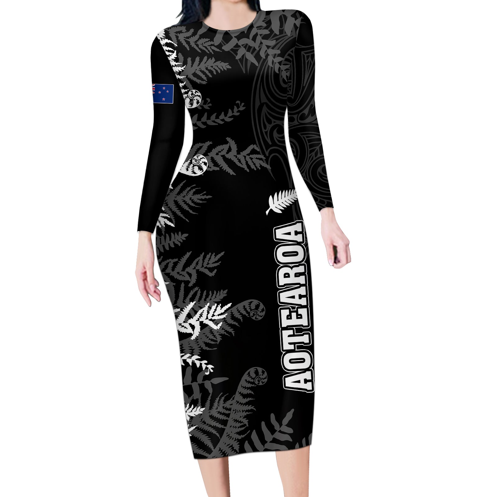 personalised-new-zealand-rugby-long-sleeve-bodycon-dress-silver-fern-basic-2023-world-cup