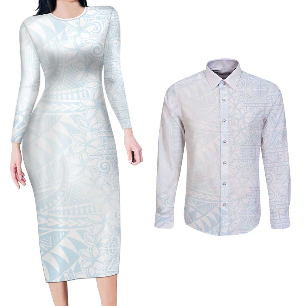 White Sunday Couples Matching Long Sleeve Bodycon Dress and Long Sleeve Button Shirt Plumeria Tatau Mix Tapa