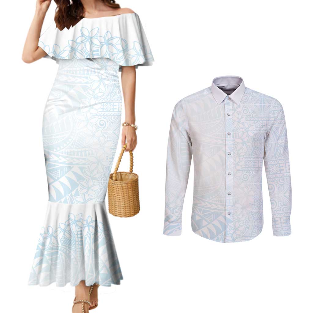 White Sunday Couples Matching Mermaid Dress and Long Sleeve Button Shirt Plumeria Tatau Mix Tapa