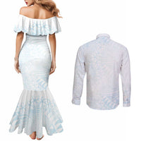 White Sunday Couples Matching Mermaid Dress and Long Sleeve Button Shirt Plumeria Tatau Mix Tapa