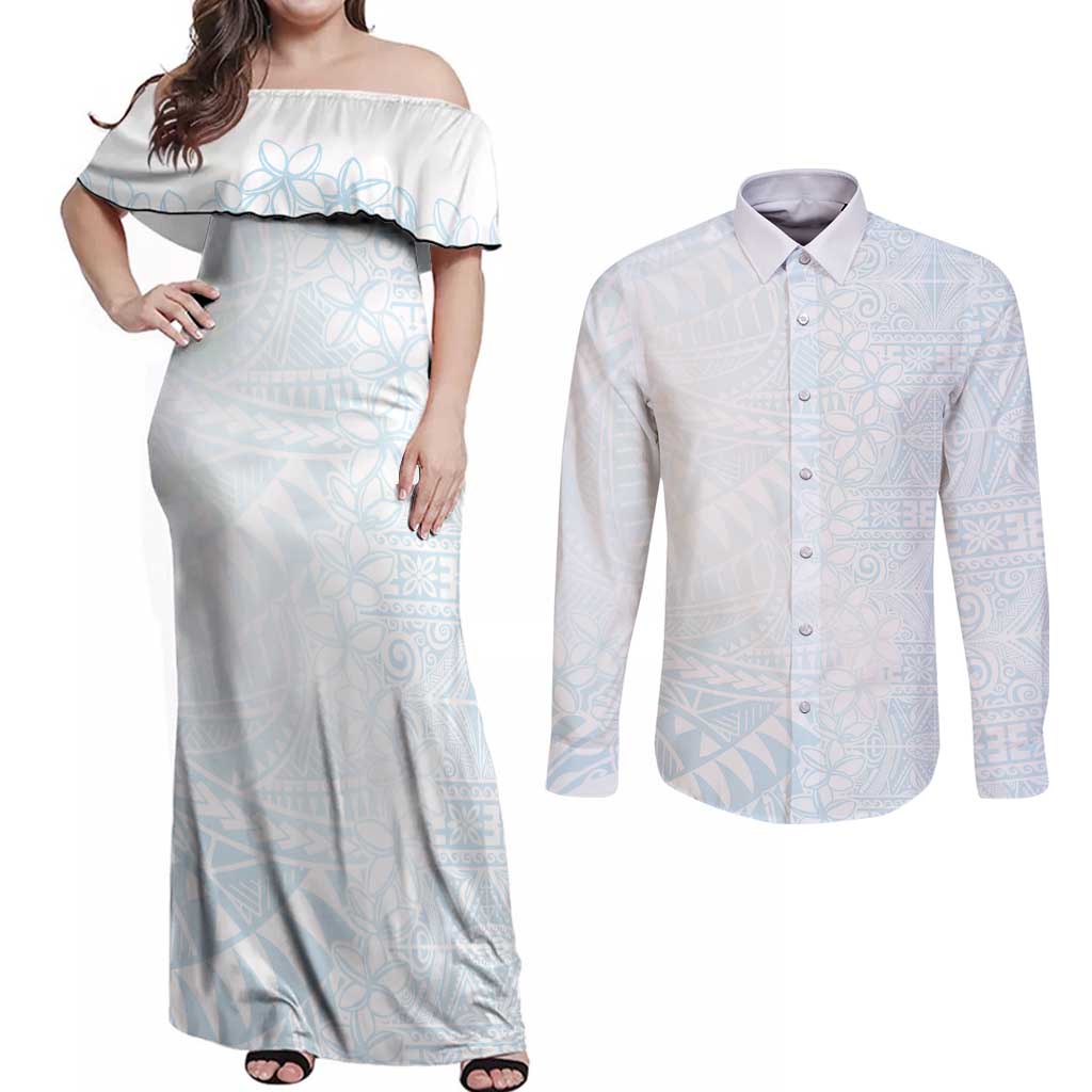 White Sunday Couples Matching Off Shoulder Maxi Dress and Long Sleeve Button Shirt Plumeria Tatau Mix Tapa