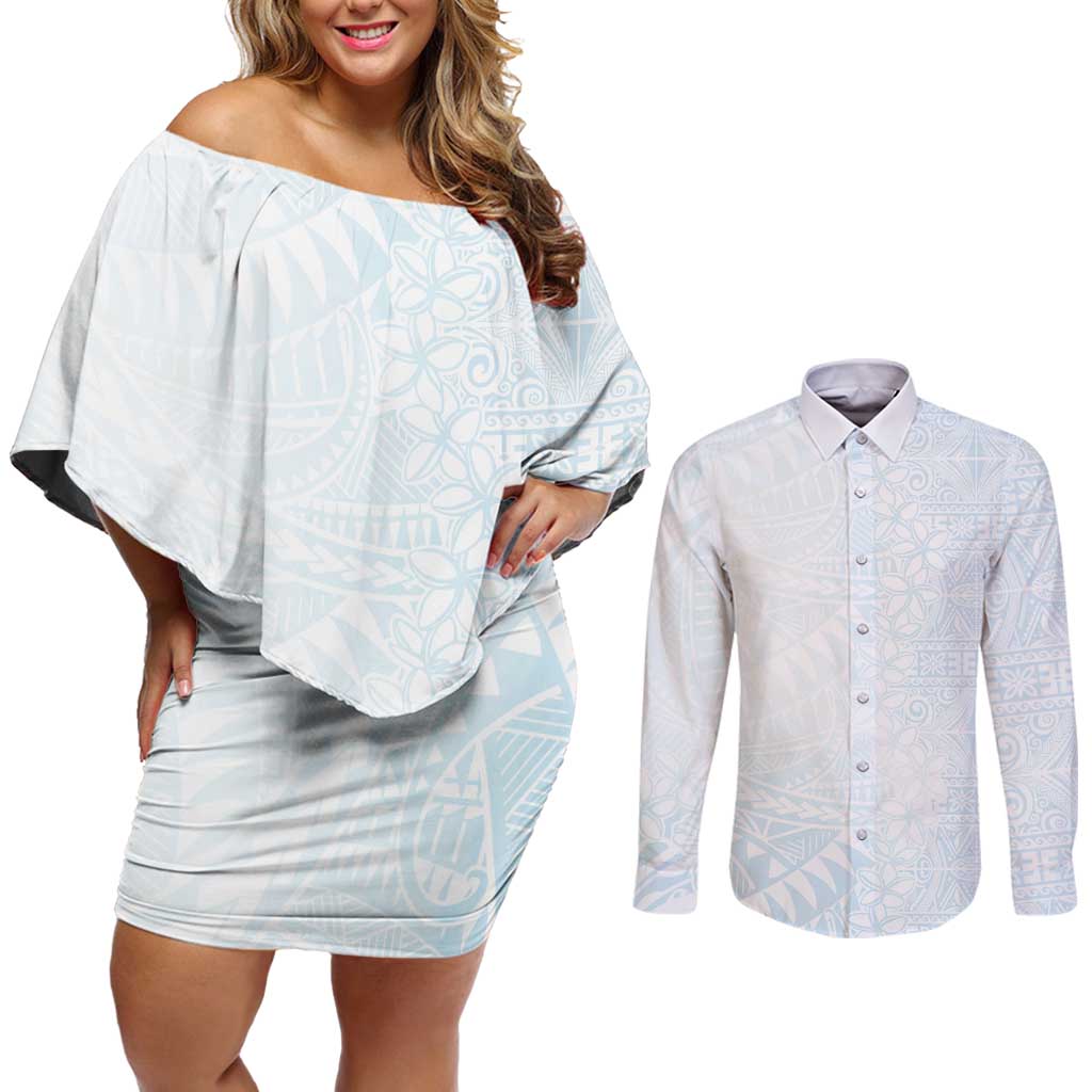 White Sunday Couples Matching Off Shoulder Short Dress and Long Sleeve Button Shirt Plumeria Tatau Mix Tapa