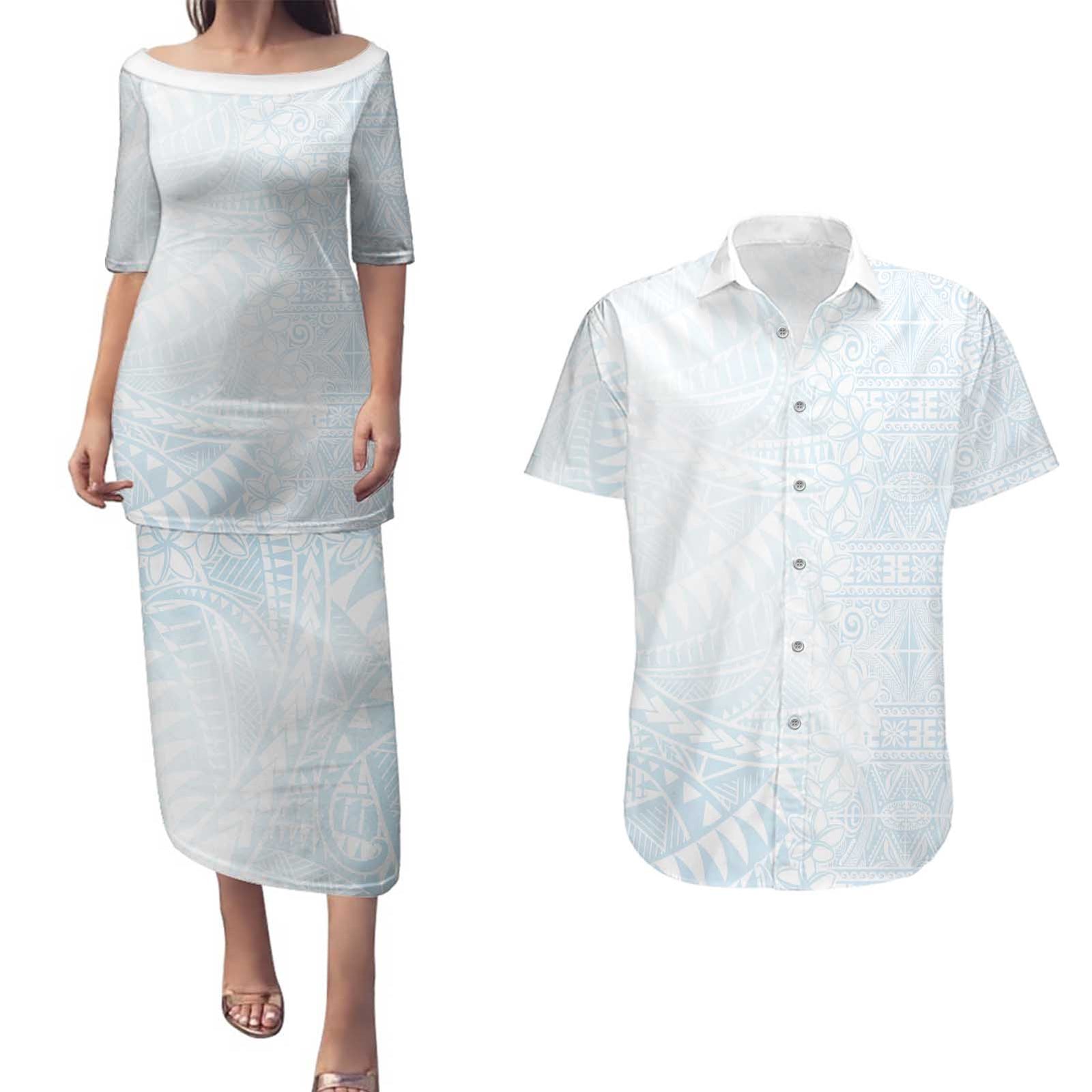 White Sunday Couples Matching Puletasi and Hawaiian Shirt Plumeria Tatau Mix Tapa