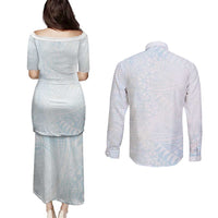 White Sunday Couples Matching Puletasi and Long Sleeve Button Shirt Plumeria Tatau Mix Tapa