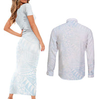 White Sunday Couples Matching Short Sleeve Bodycon Dress and Long Sleeve Button Shirt Plumeria Tatau Mix Tapa