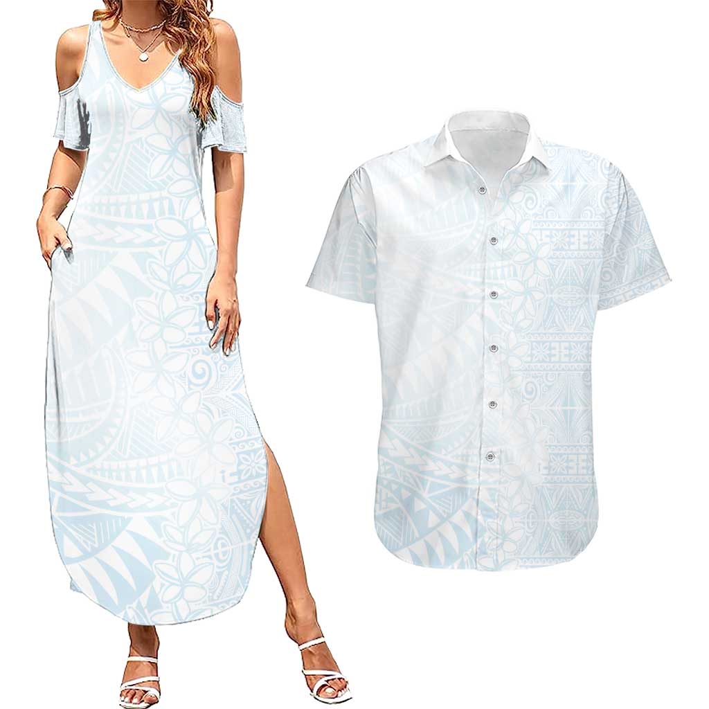 White Sunday Couples Matching Summer Maxi Dress and Hawaiian Shirt Plumeria Tatau Mix Tapa
