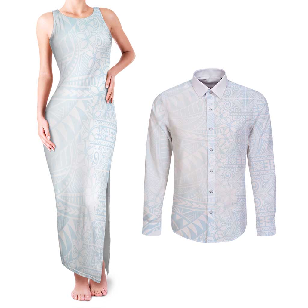 White Sunday Couples Matching Tank Maxi Dress and Long Sleeve Button Shirt Plumeria Tatau Mix Tapa