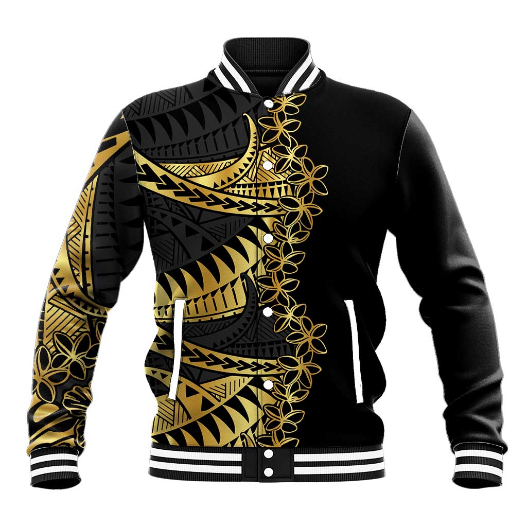 Polynesia Baseball Jacket Black & Gold Fancy Plumeria