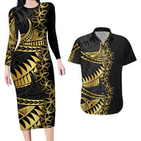 Polynesia Couples Matching Long Sleeve Bodycon Dress and Hawaiian Shirt Black & Gold Fancy Plumeria LT7 Black Gold - Polynesian Pride