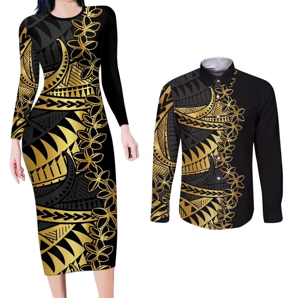 Polynesia Couples Matching Long Sleeve Bodycon Dress and Long Sleeve Button Shirt Black & Gold Fancy Plumeria