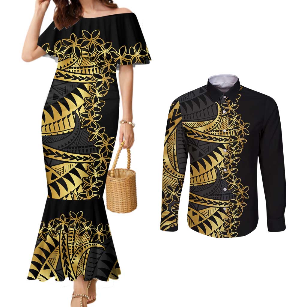 Polynesia Couples Matching Mermaid Dress and Long Sleeve Button Shirt Black & Gold Fancy Plumeria