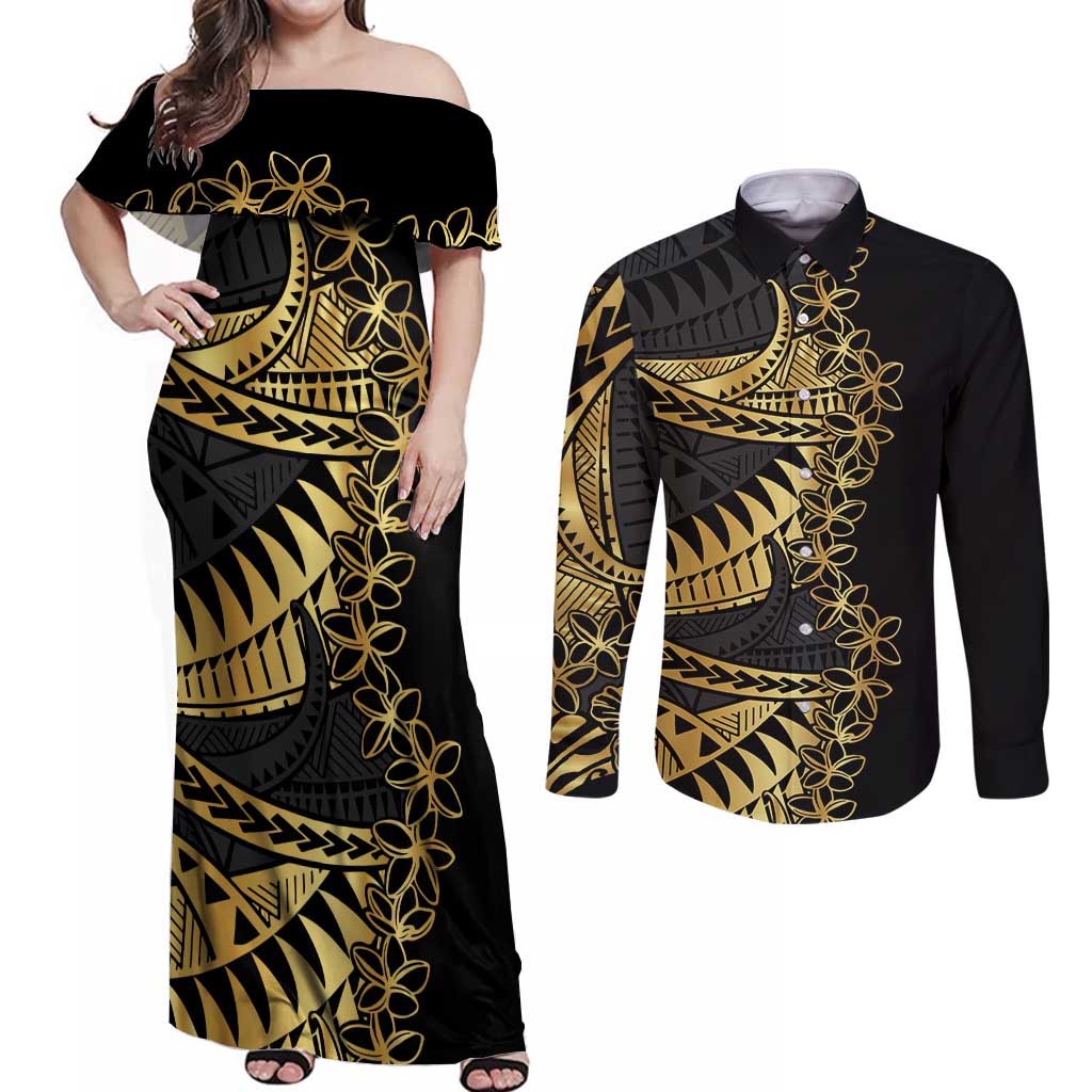 Polynesia Couples Matching Off Shoulder Maxi Dress and Long Sleeve Button Shirt Black & Gold Fancy Plumeria