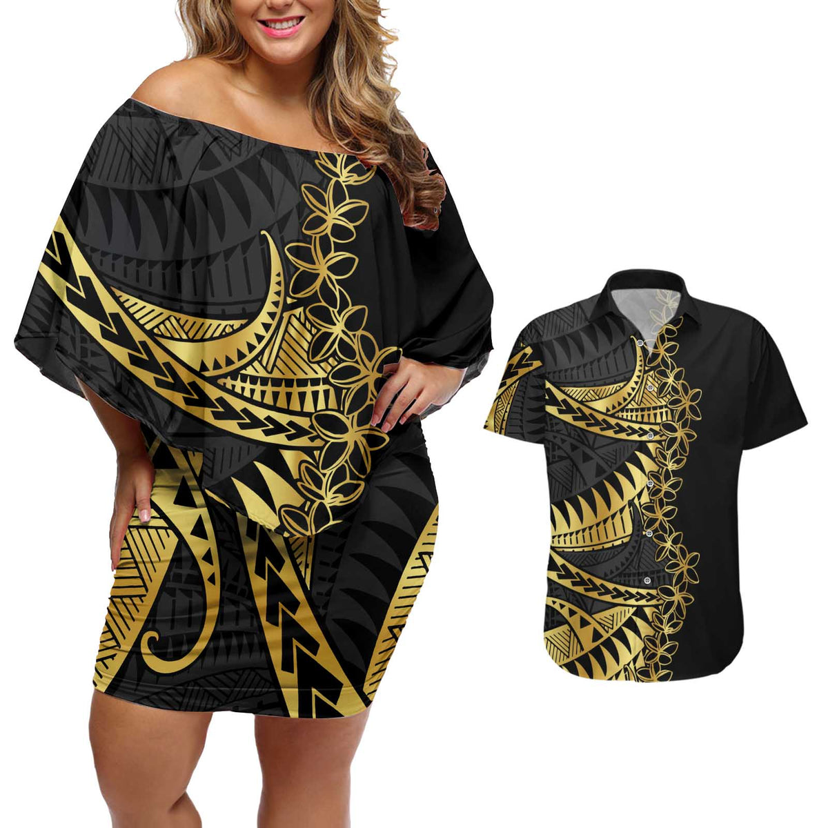 Polynesia Couples Matching Off Shoulder Short Dress and Hawaiian Shirt Black & Gold Fancy Plumeria