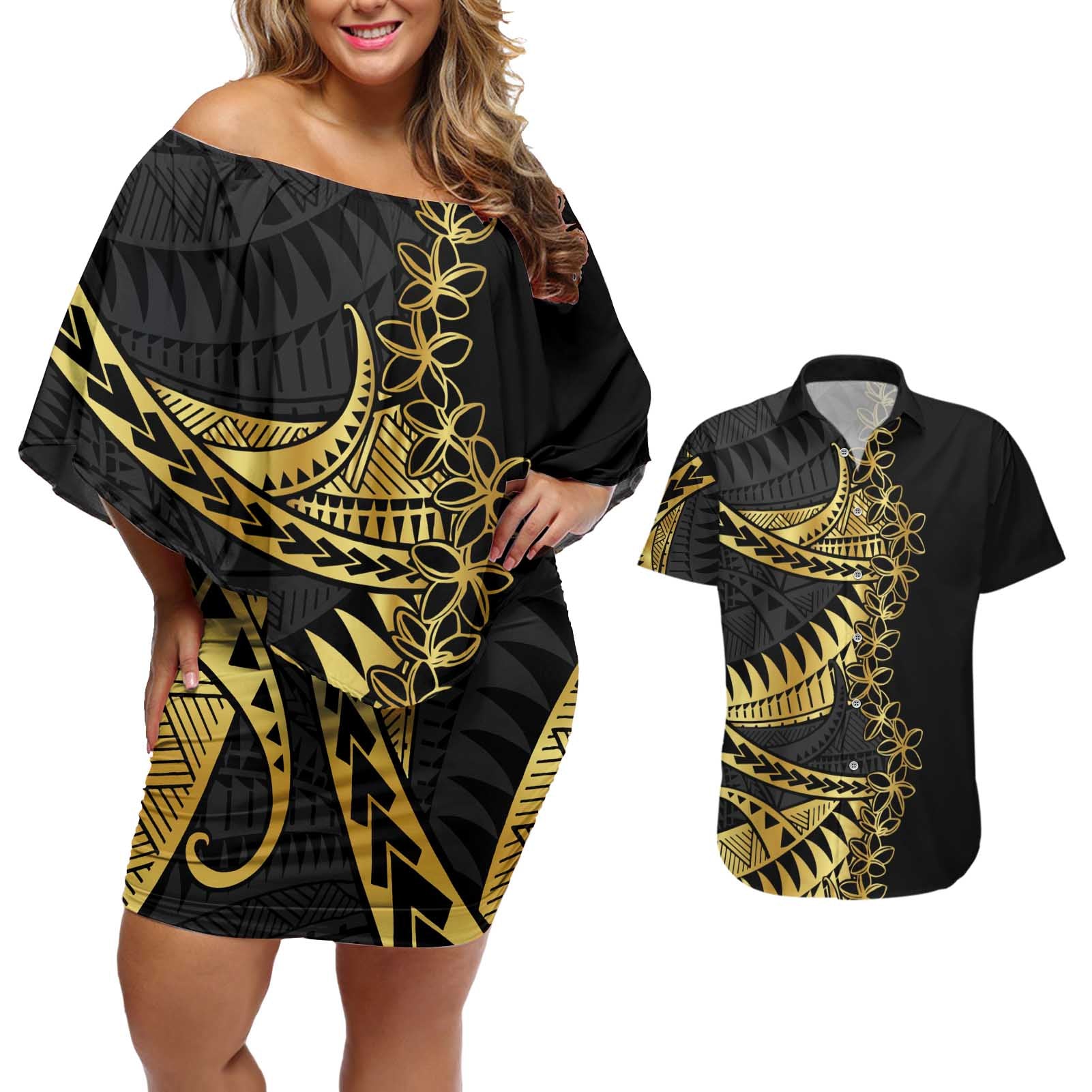 Polynesia Couples Matching Off Shoulder Short Dress and Hawaiian Shirt Black & Gold Fancy Plumeria