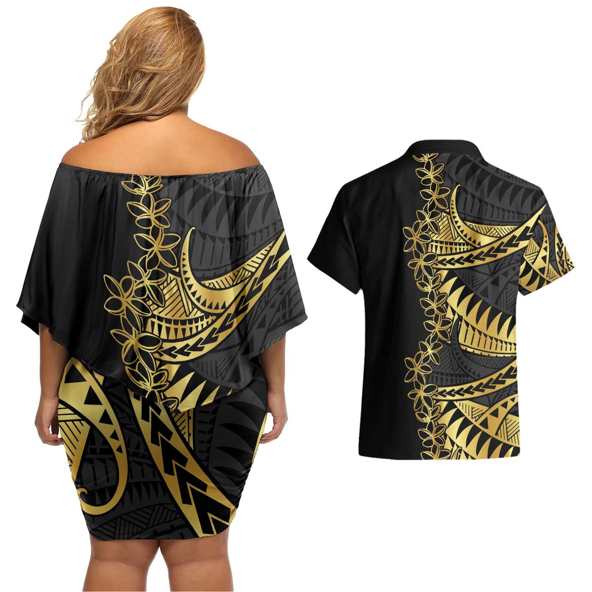 Polynesia Couples Matching Off Shoulder Short Dress and Hawaiian Shirt Black & Gold Fancy Plumeria
