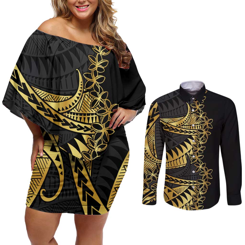 Polynesia Couples Matching Off Shoulder Short Dress and Long Sleeve Button Shirt Black & Gold Fancy Plumeria