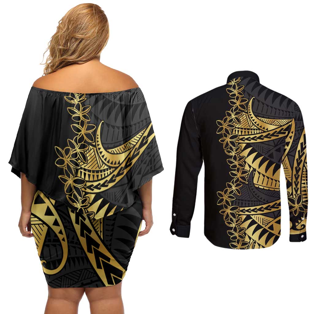 Polynesia Couples Matching Off Shoulder Short Dress and Long Sleeve Button Shirt Black & Gold Fancy Plumeria