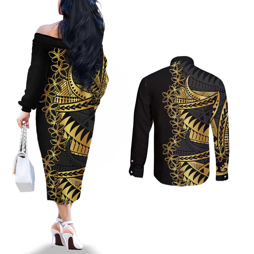 Polynesia Couples Matching Off The Shoulder Long Sleeve Dress and Long Sleeve Button Shirt Black & Gold Fancy Plumeria