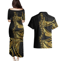 Polynesia Couples Matching Puletasi and Hawaiian Shirt Black & Gold Fancy Plumeria