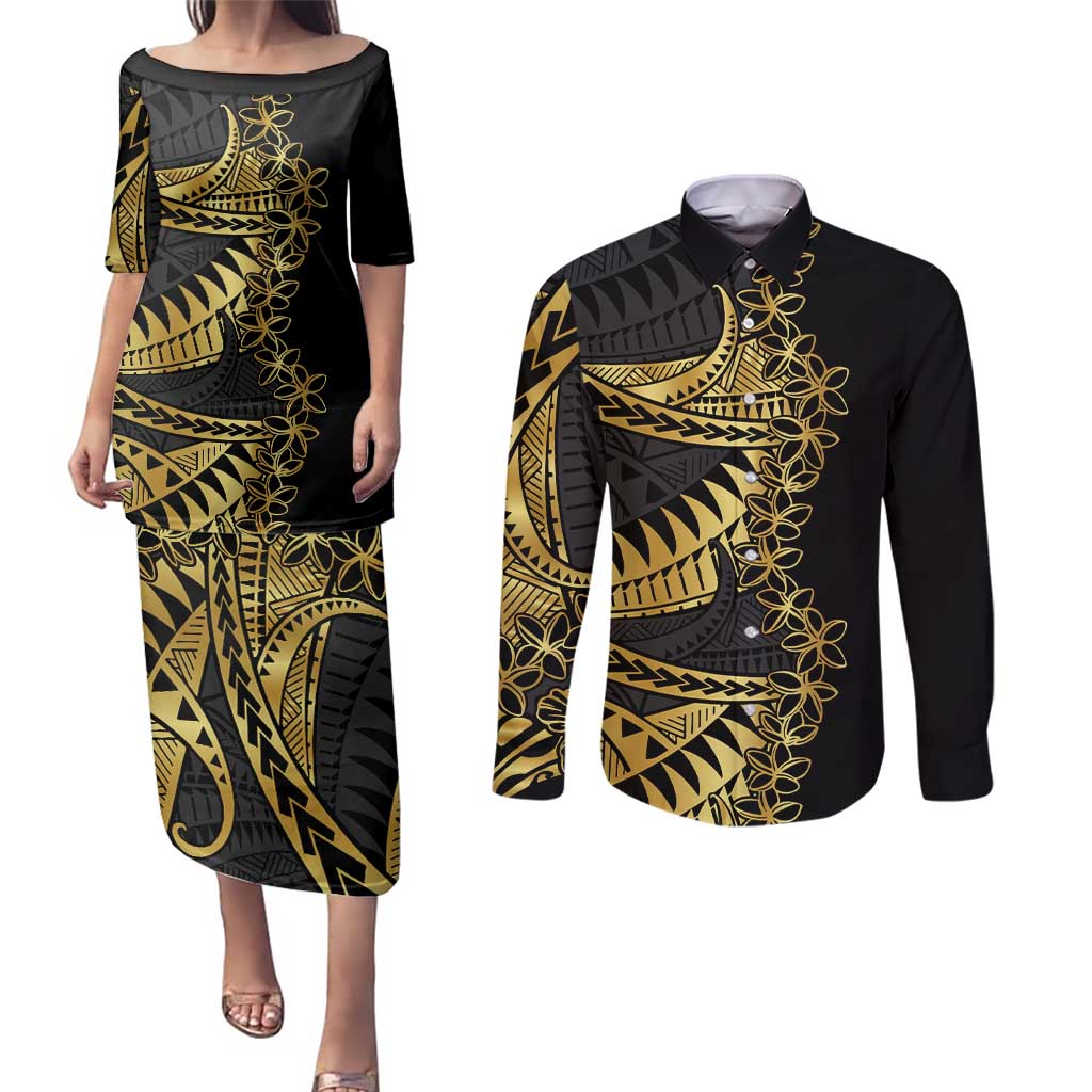 Polynesia Couples Matching Puletasi and Long Sleeve Button Shirt Black & Gold Fancy Plumeria