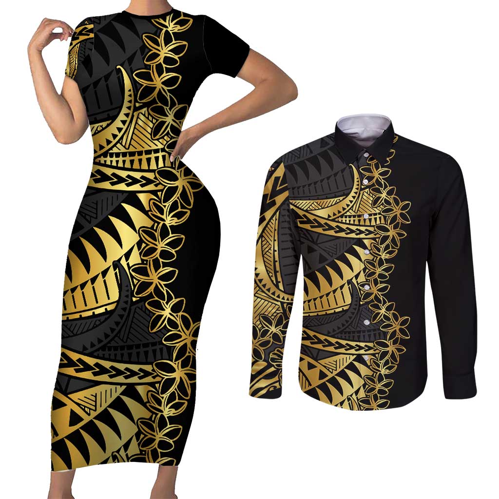 Polynesia Couples Matching Short Sleeve Bodycon Dress and Long Sleeve Button Shirt Black & Gold Fancy Plumeria