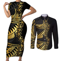 Polynesia Couples Matching Short Sleeve Bodycon Dress and Long Sleeve Button Shirt Black & Gold Fancy Plumeria