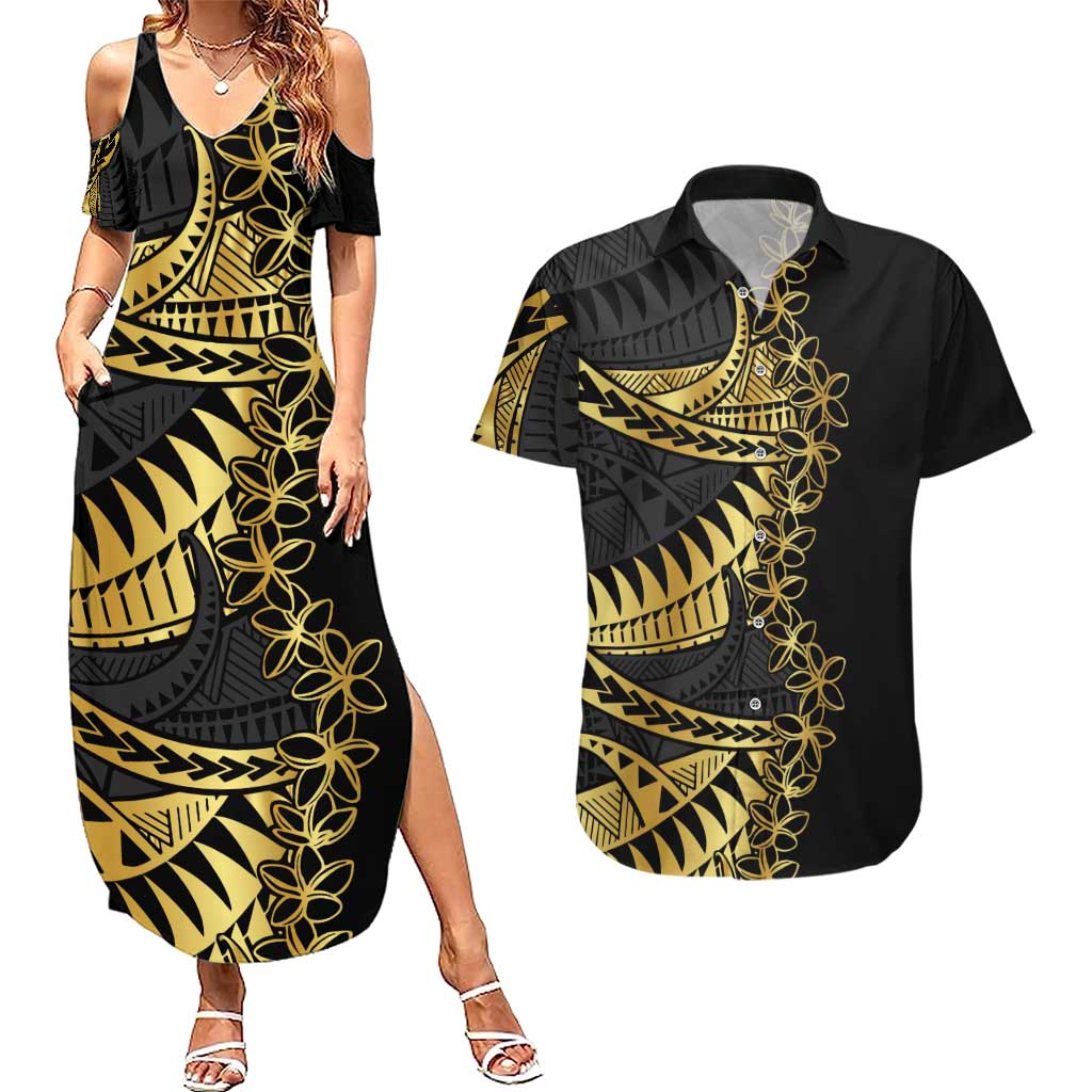 Polynesia Couples Matching Summer Maxi Dress and Hawaiian Shirt Black & Gold Fancy Plumeria