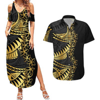 Polynesia Couples Matching Summer Maxi Dress and Hawaiian Shirt Black & Gold Fancy Plumeria