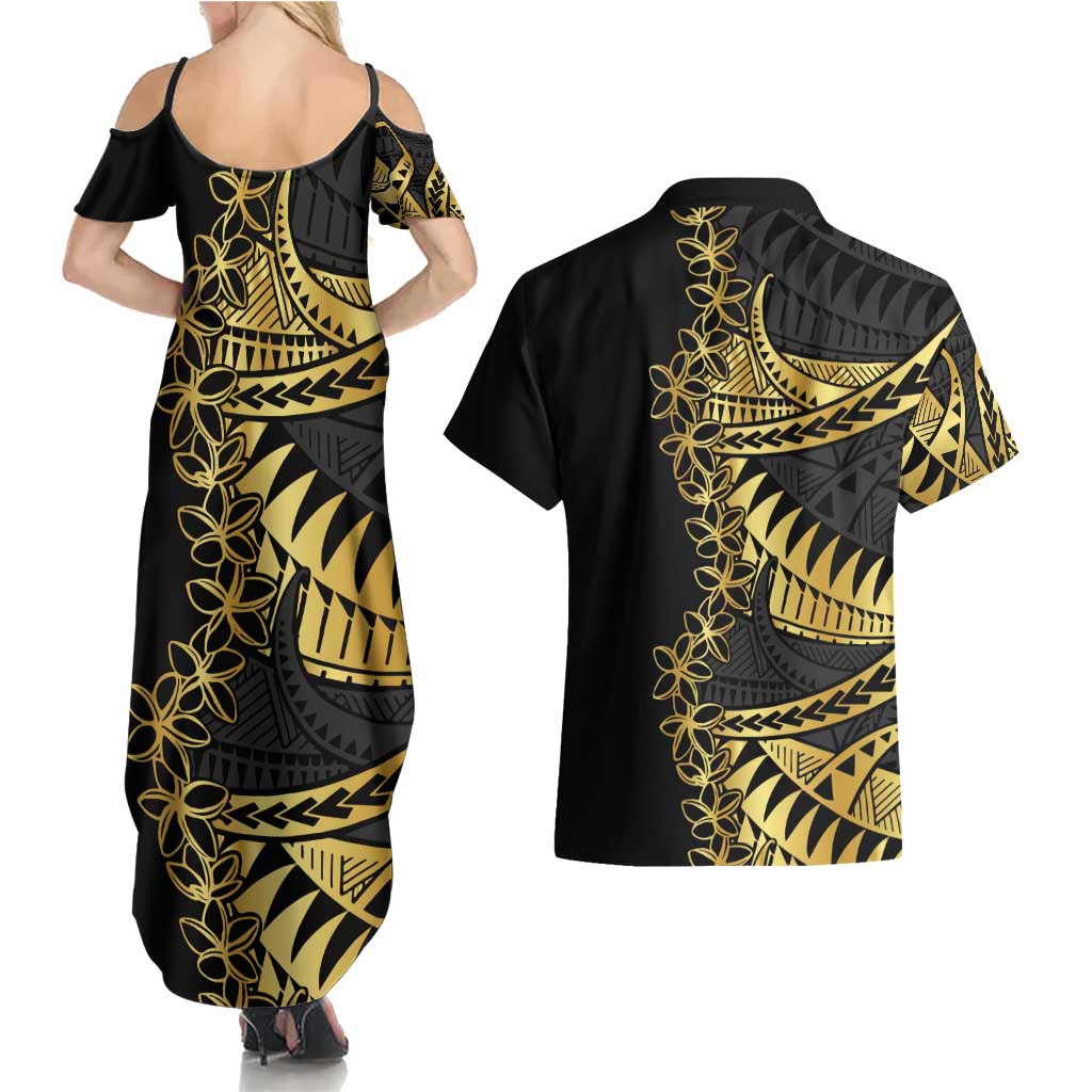 Polynesia Couples Matching Summer Maxi Dress and Hawaiian Shirt Black & Gold Fancy Plumeria