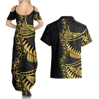Polynesia Couples Matching Summer Maxi Dress and Hawaiian Shirt Black & Gold Fancy Plumeria