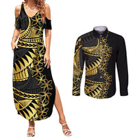 Polynesia Couples Matching Summer Maxi Dress and Long Sleeve Button Shirt Black & Gold Fancy Plumeria