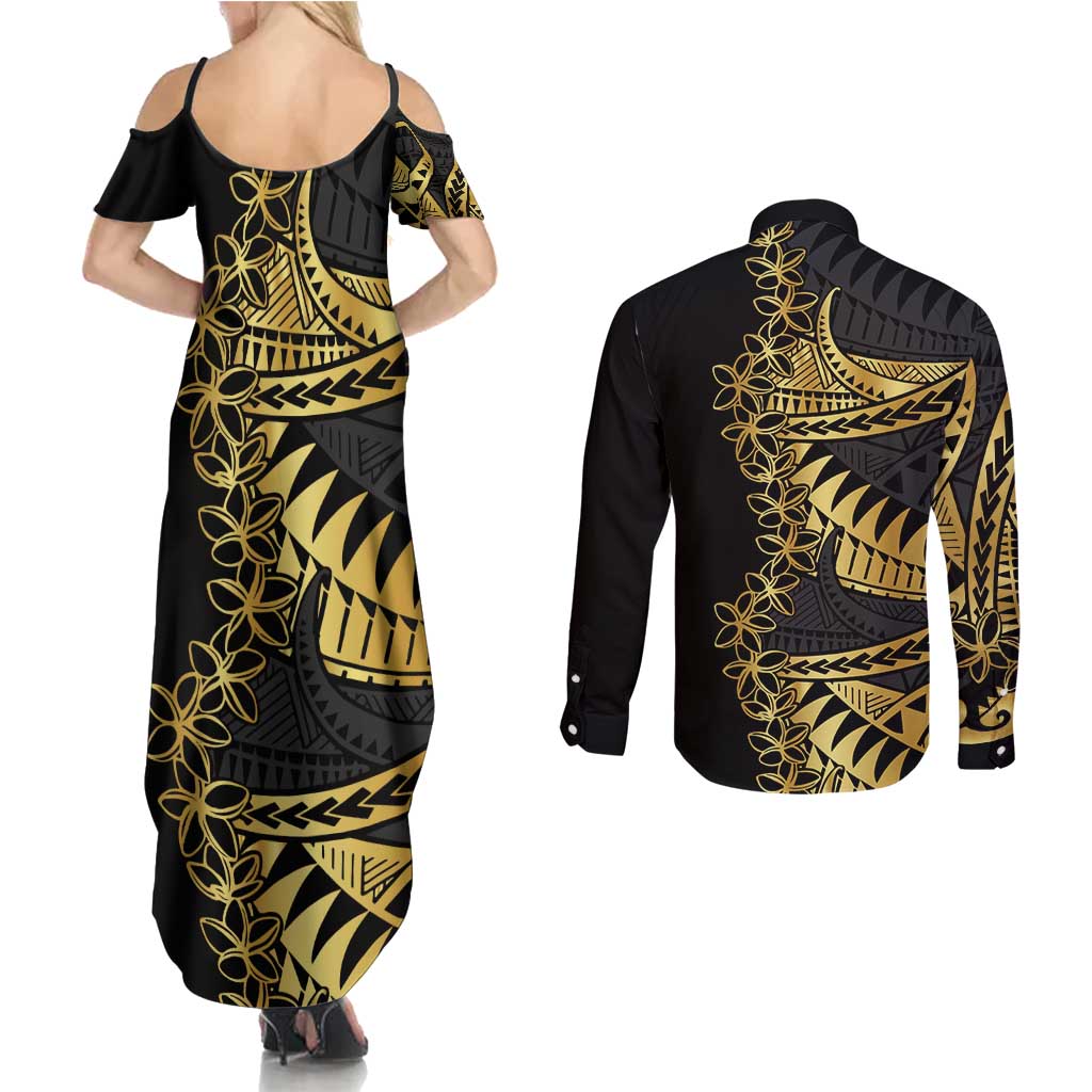 Polynesia Couples Matching Summer Maxi Dress and Long Sleeve Button Shirt Black & Gold Fancy Plumeria