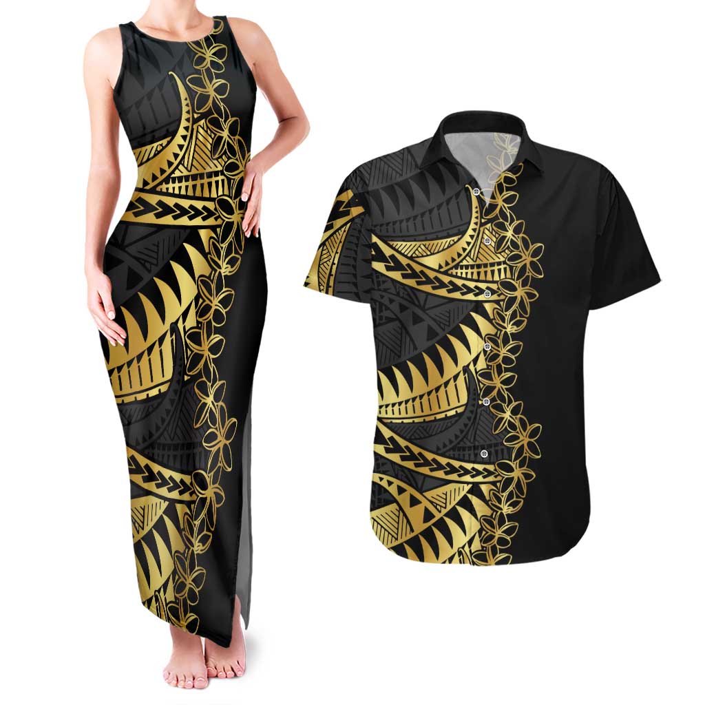 Polynesia Couples Matching Tank Maxi Dress and Hawaiian Shirt Black & Gold Fancy Plumeria
