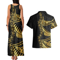 Polynesia Couples Matching Tank Maxi Dress and Hawaiian Shirt Black & Gold Fancy Plumeria