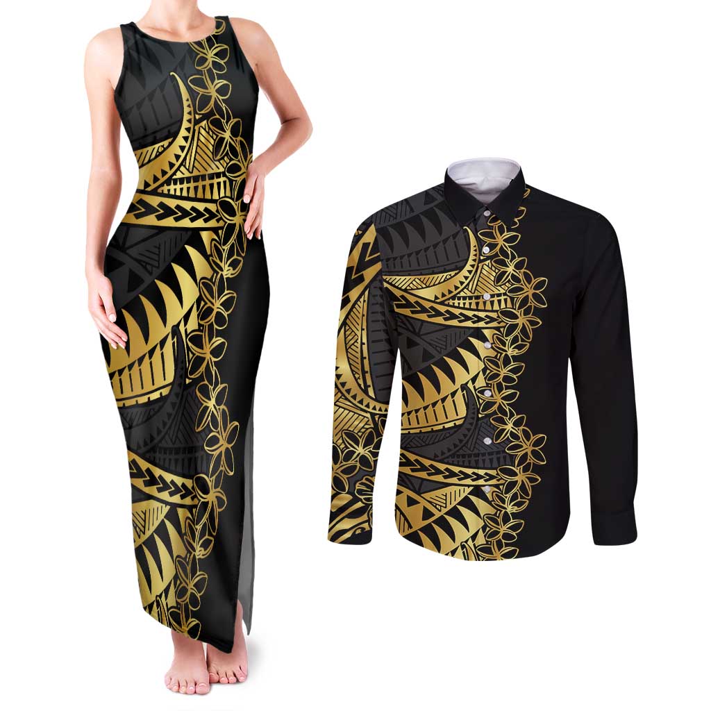 Polynesia Couples Matching Tank Maxi Dress and Long Sleeve Button Shirt Black & Gold Fancy Plumeria