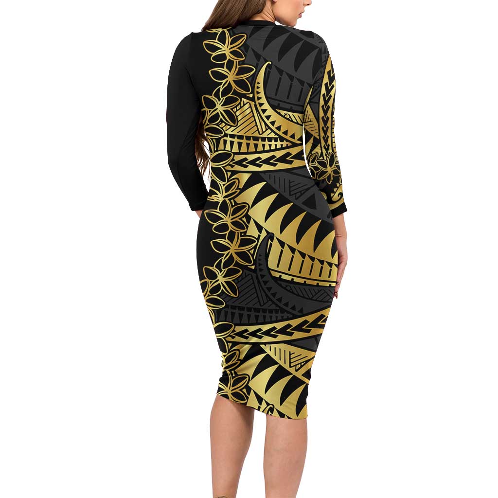 Polynesia Family Matching Long Sleeve Bodycon Dress and Hawaiian Shirt Black & Gold Fancy Plumeria