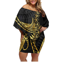 Polynesia Family Matching Off Shoulder Short Dress and Hawaiian Shirt Black & Gold Fancy Plumeria