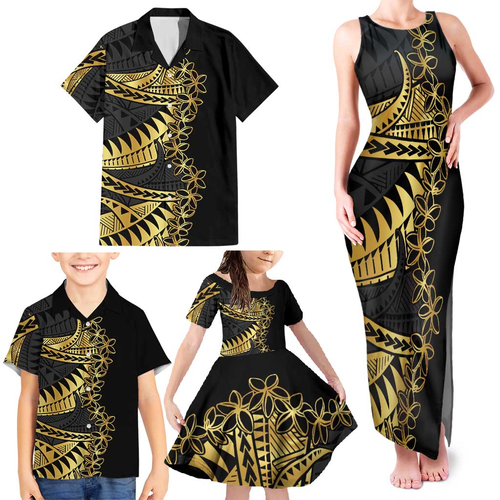 Polynesia Family Matching Tank Maxi Dress and Hawaiian Shirt Black & Gold Fancy Plumeria