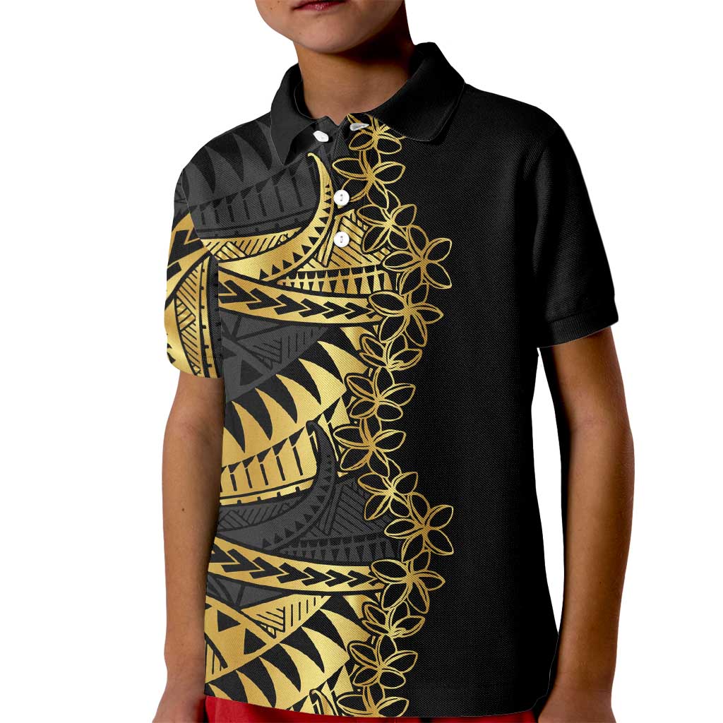 Polynesia Kid Polo Shirt Black & Gold Fancy Plumeria LT7 Kid Black Gold - Polynesian Pride