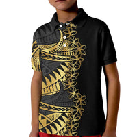 Polynesia Kid Polo Shirt Black & Gold Fancy Plumeria LT7 Kid Black Gold - Polynesian Pride