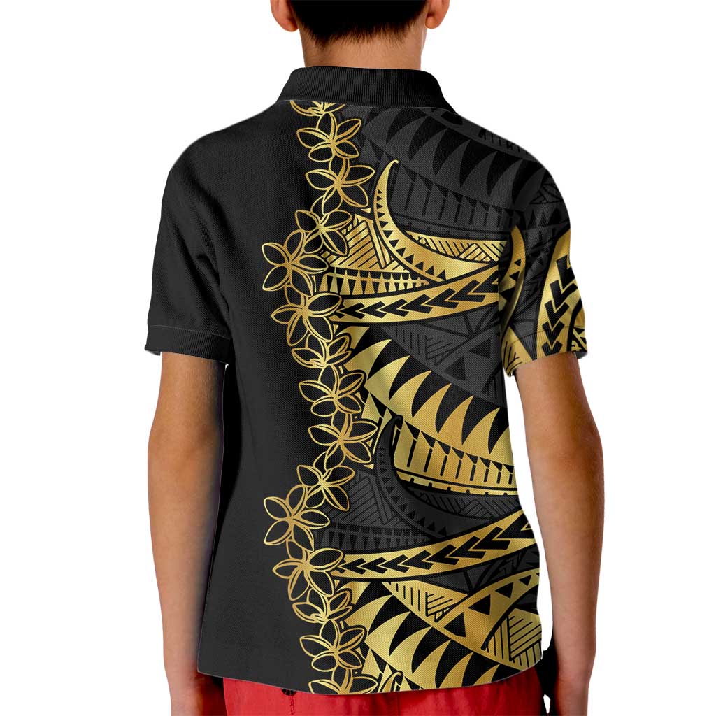Polynesia Kid Polo Shirt Black & Gold Fancy Plumeria LT7 - Polynesian Pride