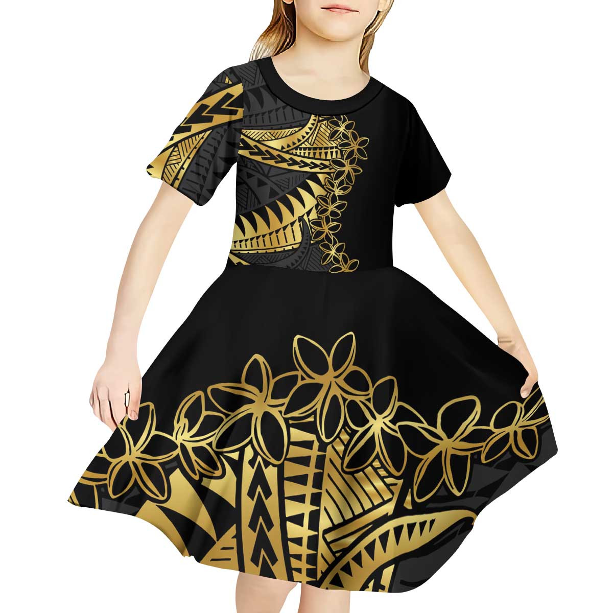 Polynesia Kid Short Sleeve Dress Black & Gold Fancy Plumeria LT7 - Polynesian Pride