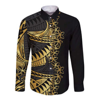 Polynesia Long Sleeve Button Shirt Black & Gold Fancy Plumeria LT7 Unisex Black Gold - Polynesian Pride