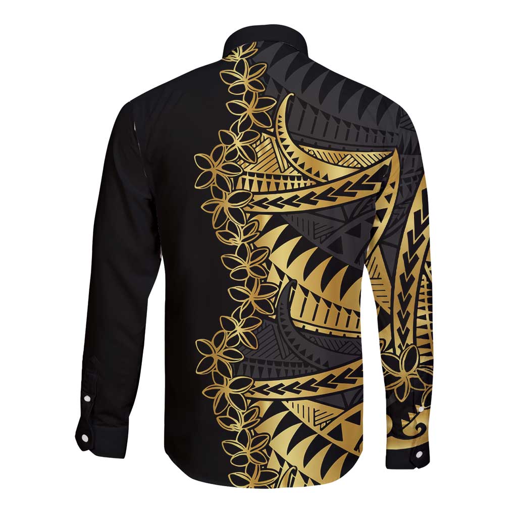 Polynesia Long Sleeve Button Shirt Black & Gold Fancy Plumeria LT7 - Polynesian Pride