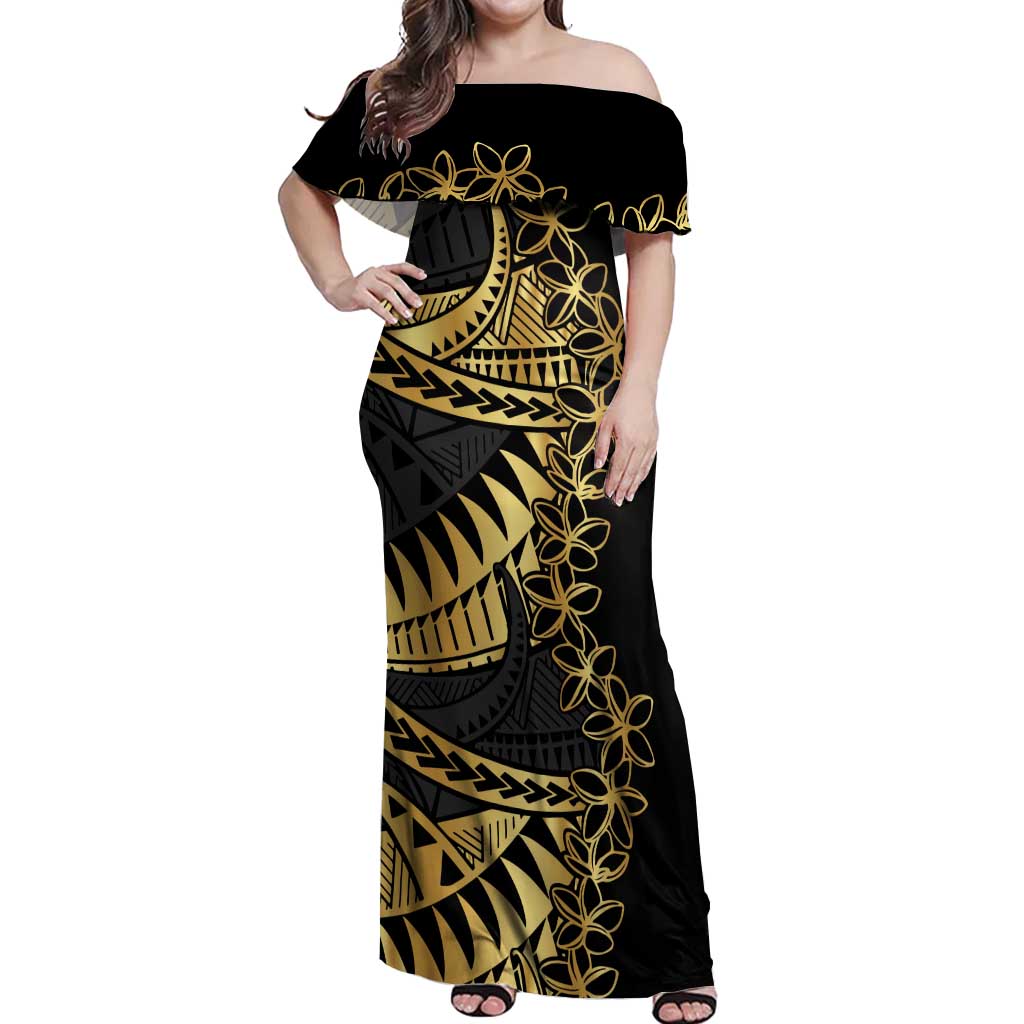 Polynesia Off Shoulder Maxi Dress Black & Gold Fancy Plumeria